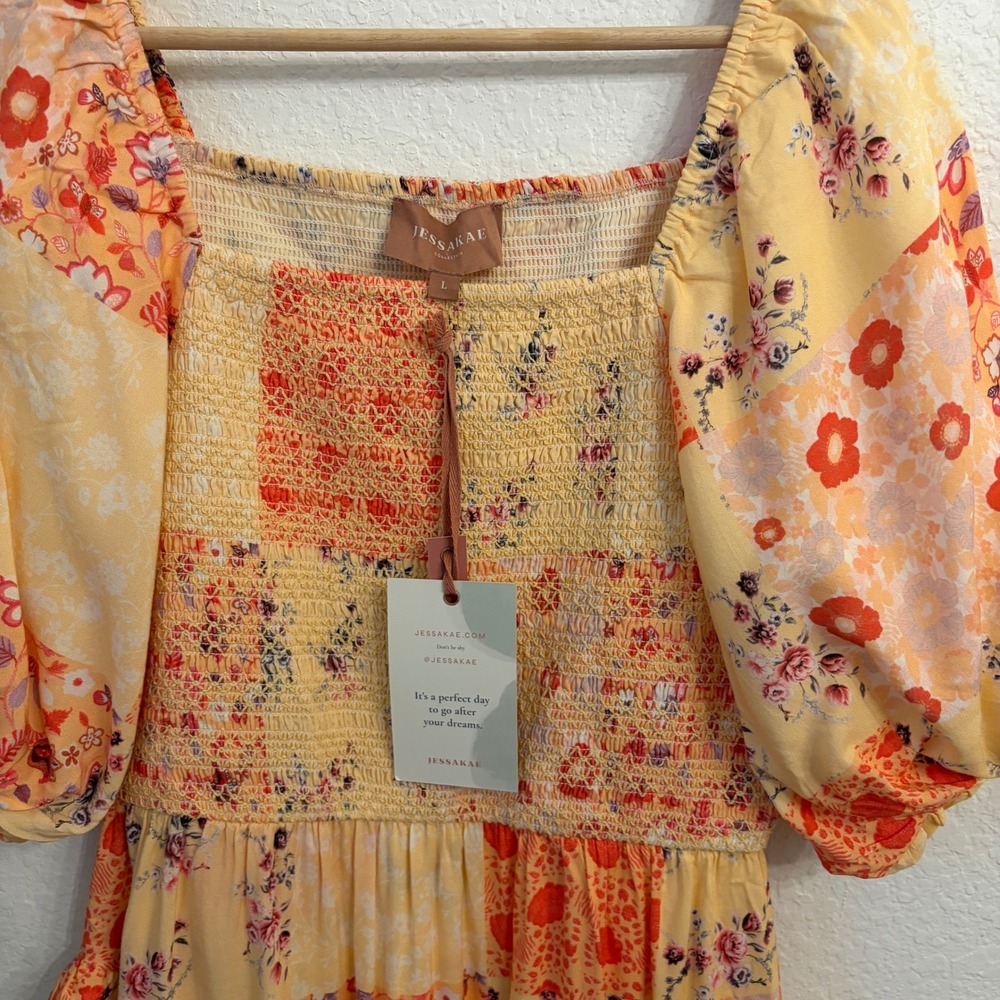 JessaKae Tweedle Dee Mini Dress L Floral Patchwork Smocked Puff Sleeve Boho NWT - Picture 4 of 12